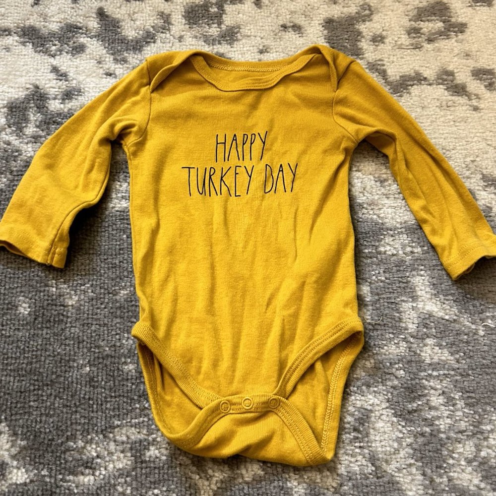 Rae Dunn Baby  Mustard Color Sleeve Thanksgiving Onesie  (Magenta) 6-9 Mon